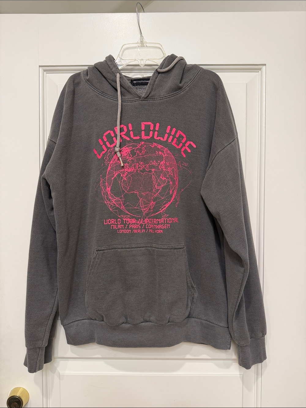 PrettyLittleThing Gray Crewneck Hoodie with Neon Pink Globe Graphic
